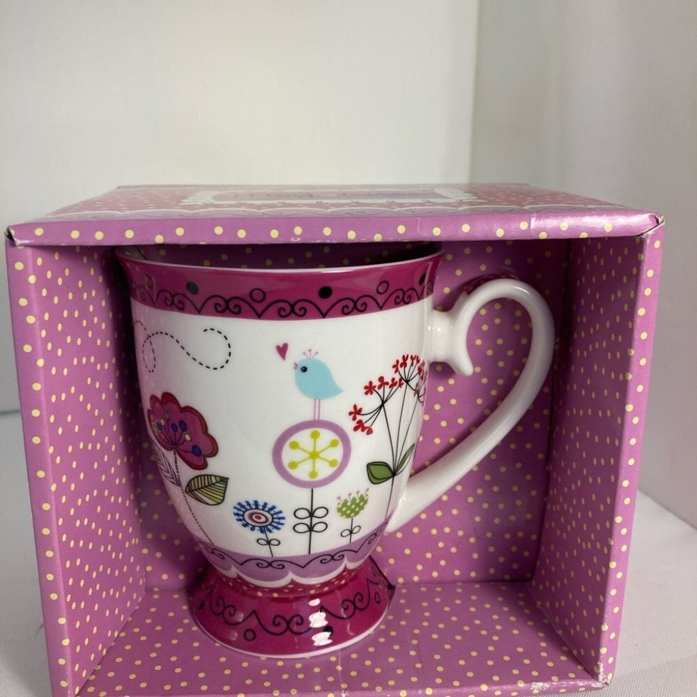Porcelain Pedestal Mug With Bird & Flowers New in Box